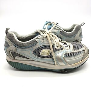 Sketchers Shape Ups women US 9 blue white silver sneakers lace up leather blend